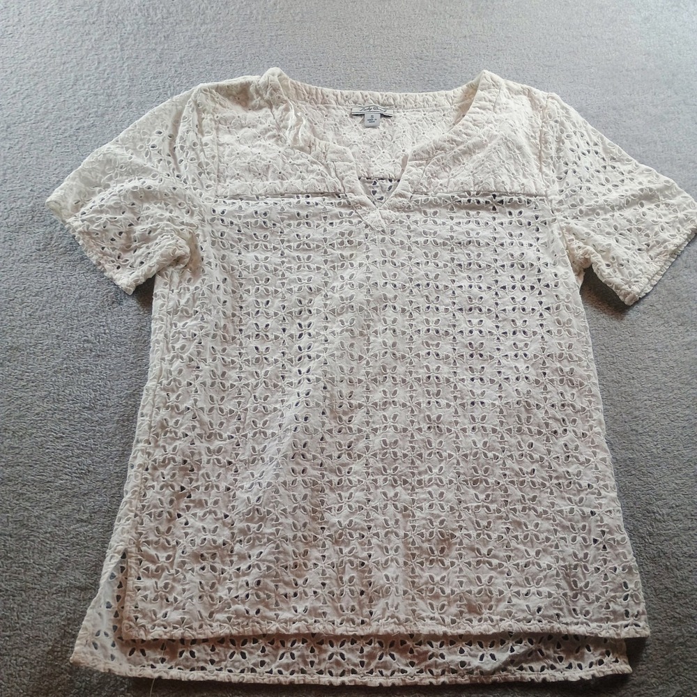 Lucky Brand Women Eyelet Lace White Small Short Sleeve V-Neck Blouse Cottagecore